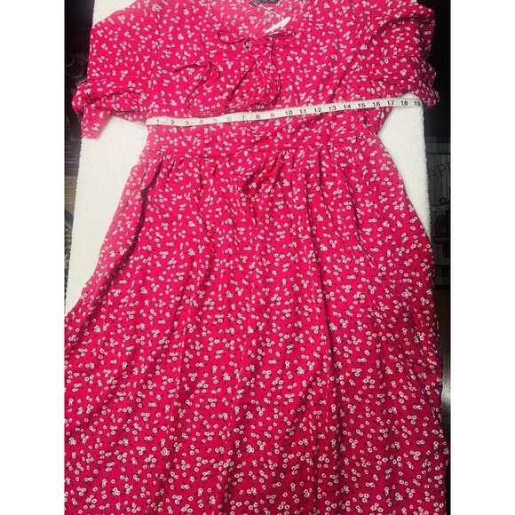 Bloomchic Rose Red Floral Dress Tie v-neck Pockets Below Knee Flare Sleeves 12 - Picture 4 of 6